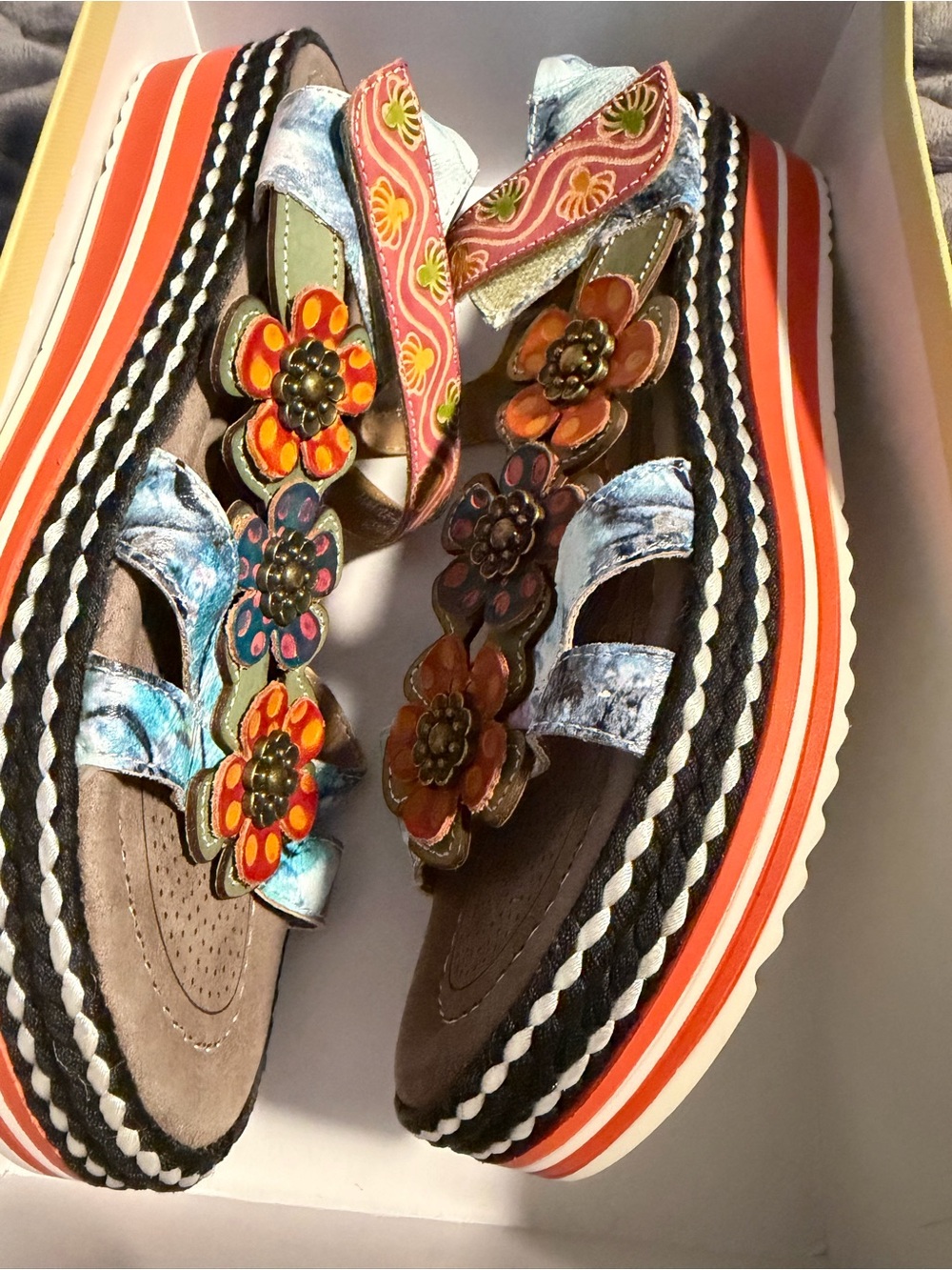 Spring Step Multicolor Floral Platform Sandals in Orange, Blue & Brown